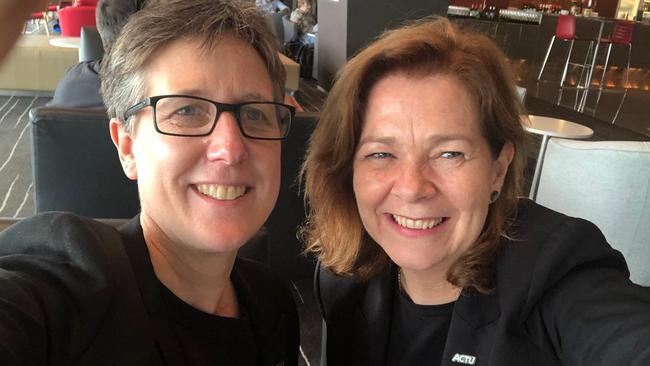 Sally McManus and Michele O’Neil in the Qantas lounge.