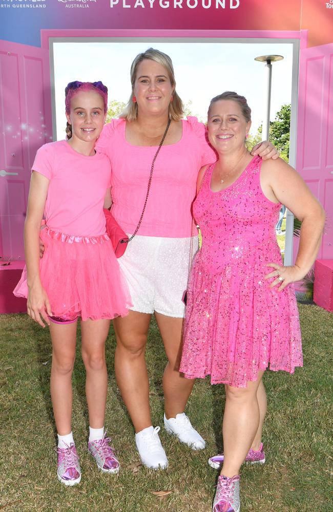 Socials at Pink convert at Townsville's Queensland Country Bank Stadium. Ava Clark, Amanda Clark and Annie Campbell. Picture: Evan Morgan