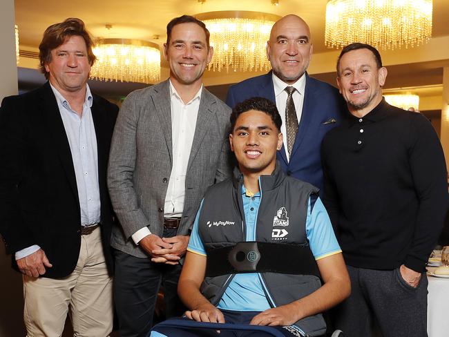 Titans coach Des Hasler, Cameron Smith, Gordon Tallis and Matthew Johns pictured with Joseph Pouniu at the fundraiser for Joe at Gambaros Restaurant, Brisbane 25th August 2023.  Courted by the Gold Coast Titans at age 16, promising young footballer Joseph Pouniu saw his dreams tragically dashed in an on-field injury that left him paralysed.  (Image/Josh Woning)