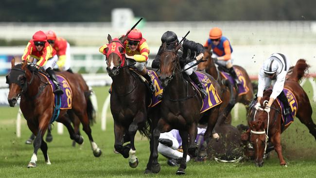 Persan and War Baron fall on Winx’s farewell day. Picture: Getty Images