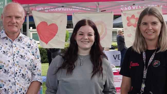 Lismore real estate agent Andrew Gordon, Emma Jacobsen, and Social Futures Program Manager, Lucie White at the Lismore Memorial Baths for Youth Homeless Matters Day. Picture: supplied