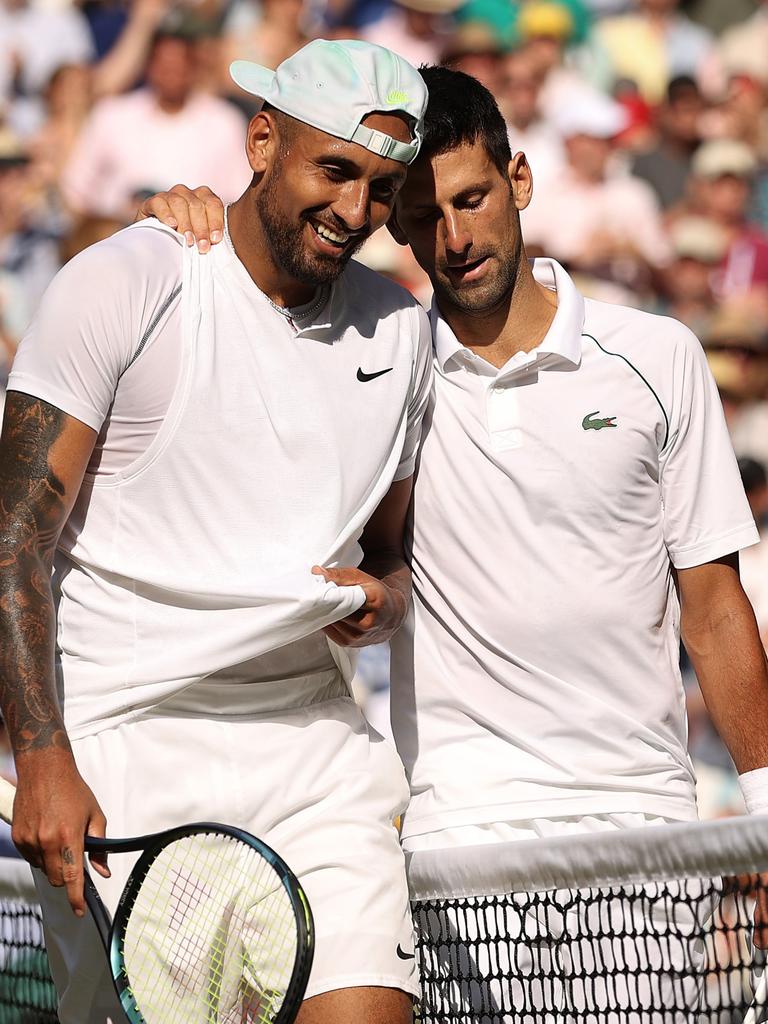 Winner Novak Djokovic embraced runner-up Nick Kyrgios. Picture: Ryan Pierse/Getty Images