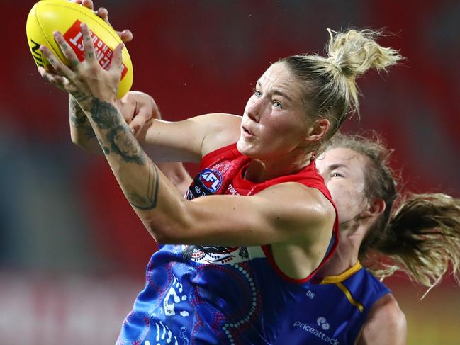 Tayla Harris’ late heroics helped the Dees hold off Brisbane. Picture: Getty Images