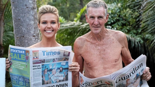 Channel 7's Sunrise presenter Edwina Bartholomew with Taylorwood Nudist Resort owner Rogin Taylor when Sunrise was in the Whitsundays in 2015. Picture: Matthew Newton