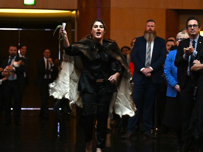 Australian Senator Lidia Thorpe disrupts proceedings as King Charles and Queen Camilla attend a Parliamentary reception at Parliament House in Canberra. Picture: Lukas Coch