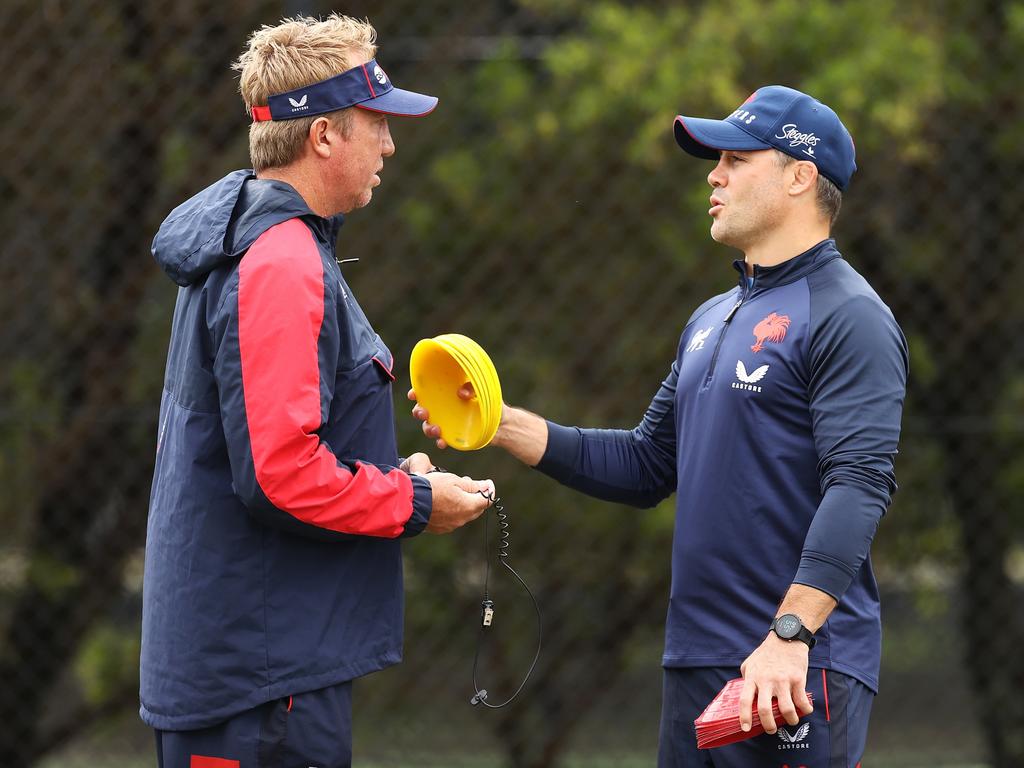 Rooster head coach Trent Robinson with assistant Cooper Cronk. Picture: Mark Kolbe/Getty Images