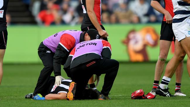 Doctors attend to Dylan Roberton after his collapse last year. Picture: AAP