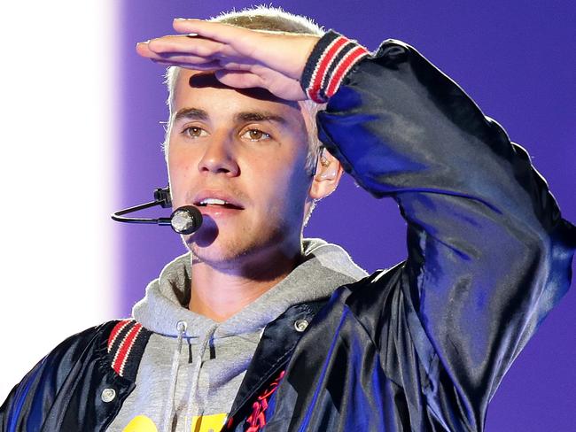 Justin Bieber on stage during his concert at ANZ Stadium in Homebush. Picture: Jonathan Ng
