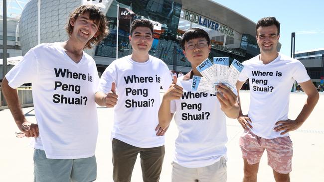 Peng Shuai supporters Fergus Neal, left, Drew Pavlou, Max Mok and John Mainland at Melbourne Park. Picture: Michael Klein