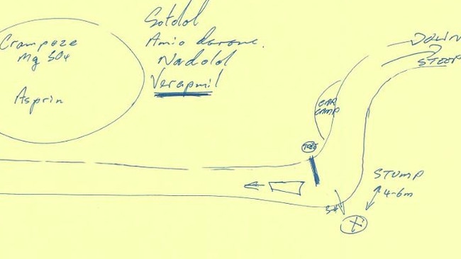 A hand drawn map detailing where Mr Lynn burnt the remains of Russell Hill and Carol Clay off the Union Spur track in November 2020. Picture: Supplied/ Supreme Court of Victoria.