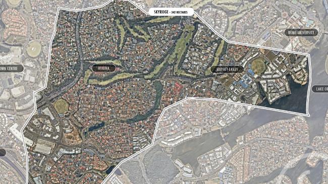 An overlay of the Skyridge development over Robina and Varsity Lakes, showing how big it actually will be.