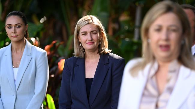 Housing Minister Meaghan Scanlon and Health Minister Shannon Fentiman behind Premier Annastacia Palaszczuk. Picture: Dan Peled / NCA NewsWire