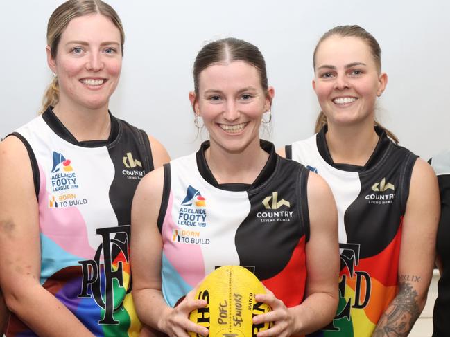 Mark Moody, Jasmin White, Sinead Saunders, Laura Morris and Billie Jo Nicholls ahead of Port District's Pride Round this Saturday. Picture: Kym Stegmeyer