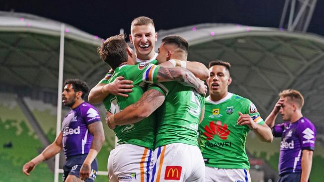 Nick Cotric celebrates a try against the Storm. Picture: AAP