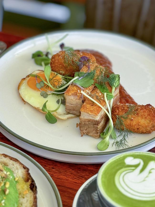 The Gather Cafe’s pork belly, fried egg and corn fritters. Picture: Jenifer Jagielski