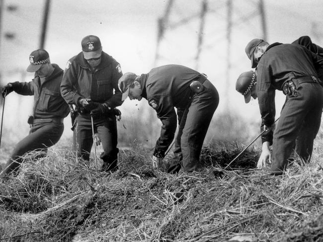 Searchers sift through the area where the remains of 13-year-old Karmein Chan were found. Picture: Supplied