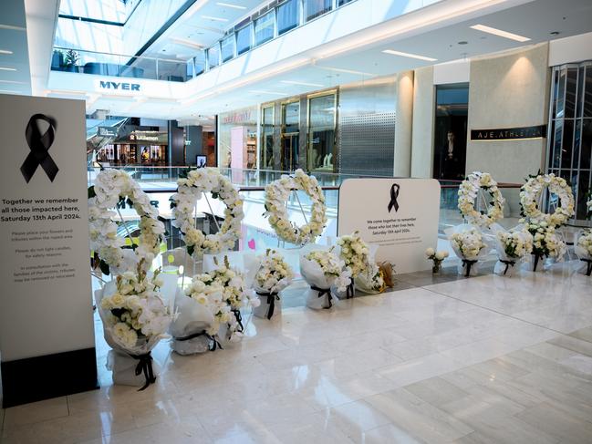 A floral memorial is seen for the victims who lost their lives in Saturday’s attack at Westfield Bondi Junction shopping centre. Picture: NCA NewsWire / Bianca De Marchi