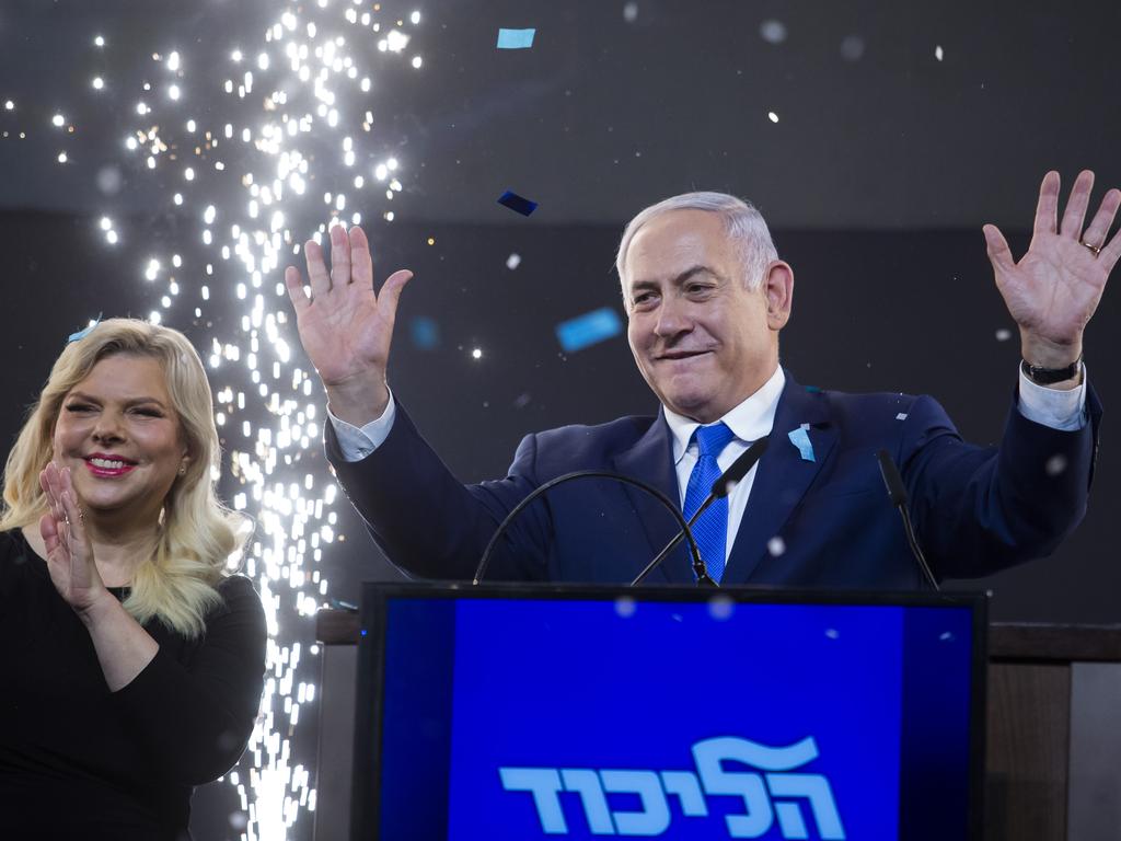 Prime Minster of Israel, Benjamin Netanyahu and his wife Sara greet supporters during his after vote speech on April 10, 2019 in Tel Aviv. Picture: Getty