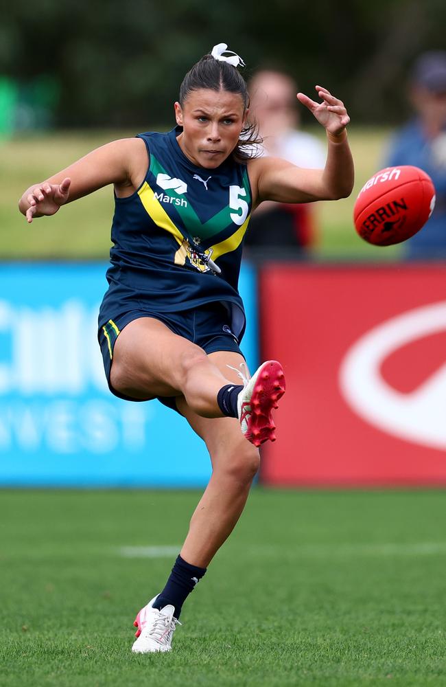 Mischa Barwin is one of five players to watch for the Tasmania Devils girls side in the Coates Talent League (Photo by Josh Chadwick/AFL Photos/via Getty Images)
