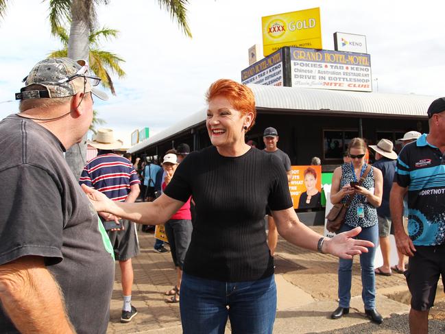 One Nation leader Pauline Hanson meets locals in Clermont. Picture: Getty