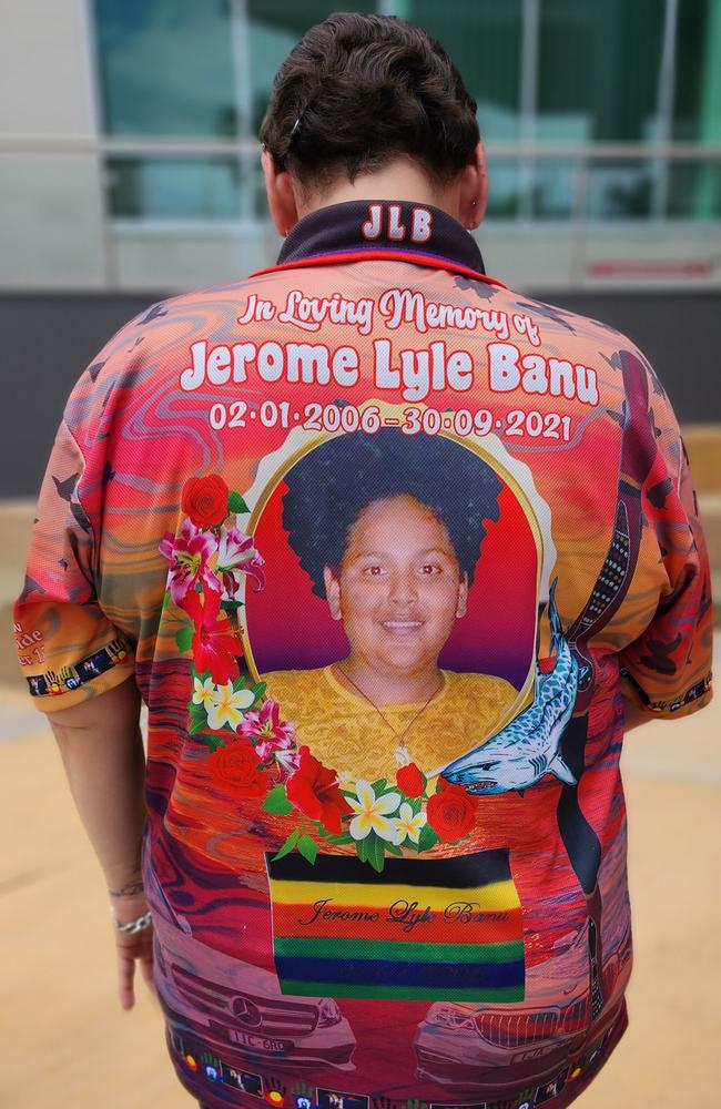 Jerome’s sister, mother and grandmother wore matching shirts to court with Jerome’s face, artwork and didgeridoo. Picture: Aden Stokes