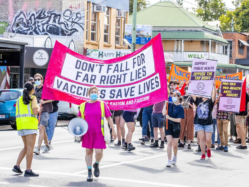 Pro-vaccination demonstrators were out in force too. Picture: Richard Walker