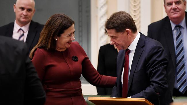 Queensland Treasurer Cameron Dick is congratulated by Premier Annastacia Palaszczuk. Picture: NCA NewsWire / Dan Peled