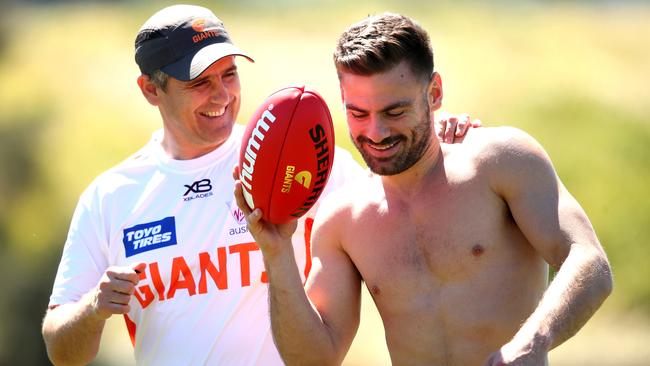 Coach Leon Cameron with Stephen Coniglio at GWS Giants training. Picture: Phil Hillyard