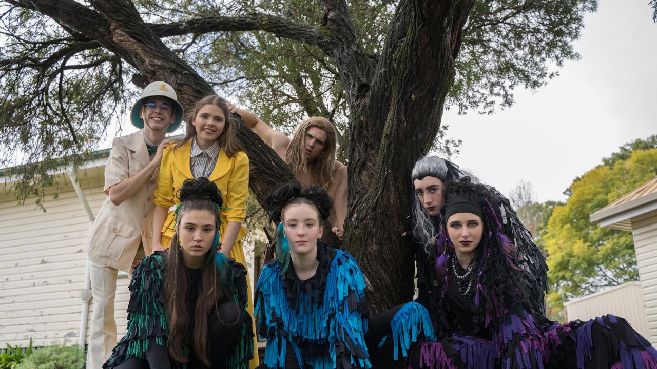 Micah Walmsley (Porter), Hannah Pocknee (Jane) Elliot Grace (Tarzan), Matthew McKenzie (Kerchak), Kiana Williams (Taie), Lara Anderson (Terk) and Dominque Wilkes (Kala) pose at a rehearsal for Tarzan, the 2024 Junior Toowoomba Choral Society's production. Wednesday, July 3, 2024. Picture: Christine Schindler