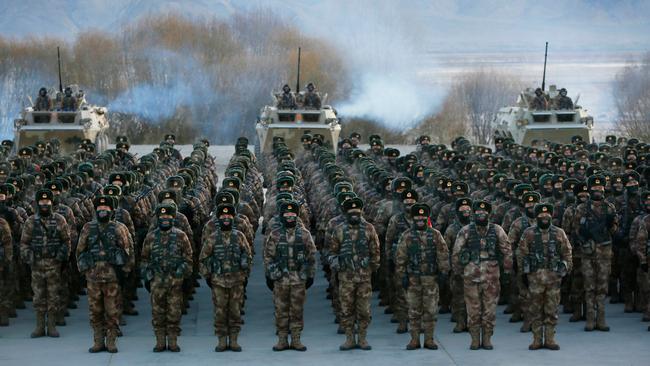 Chinese People's Liberation Army (PLA) soldiers assembling during military training at Pamir Mountains in Kashgar, northwestern China's Xinjiang region. Picture: AFP