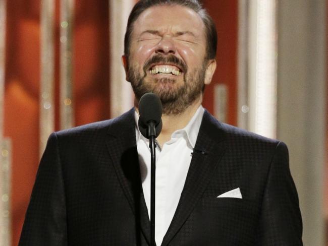 Gervais doesn’t mind laughing at his own jokes.