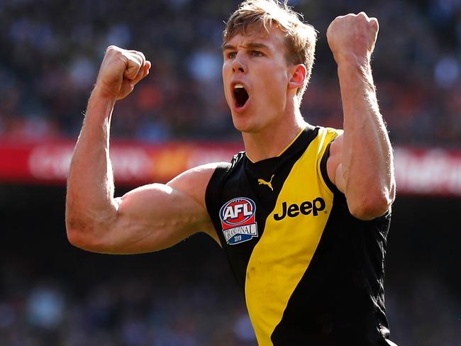 MELBOURNE, AUSTRALIA - SEPTEMBER 28: Tom Lynch of the Tigers celebrates a goal during the 2019 Toyota AFL Grand Final match between the Richmond Tigers and the GWS Giants at the Melbourne Cricket Ground on September 28, 2019 in Melbourne, Australia. (Photo by Michael Willson/AFL Photos via Getty Images)