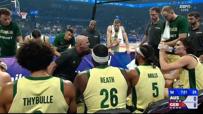 Boomers coach Brian Goorjian delivers one of the all-time sprays to his team.