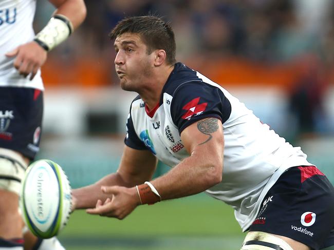 DUNEDIN, NEW ZEALAND - FEBRUARY 28: Gideon Koegelenberg of the Rebels passes during the round five Super Rugby match between the Highlanders and the Rebels at Forsyth Barr Stadium on February 28, 2020 in Dunedin, New Zealand. (Photo by Teaukura Moetaua/Getty Images)