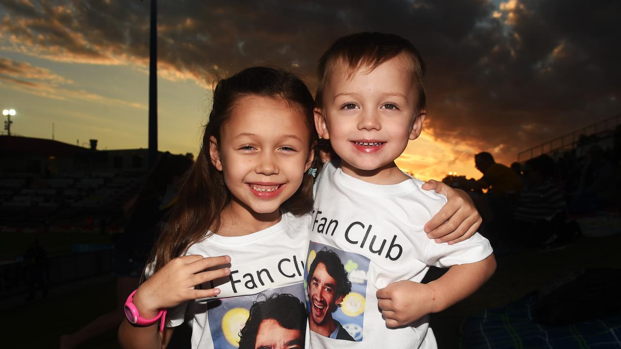 Socials from the North Queensland Cowboys v Parramatta Eels NRL game from 1300 Smiles Stadium. Siblings Charlize 6 and Jaxon Baumbach 2. Picture: Zak Simmonds