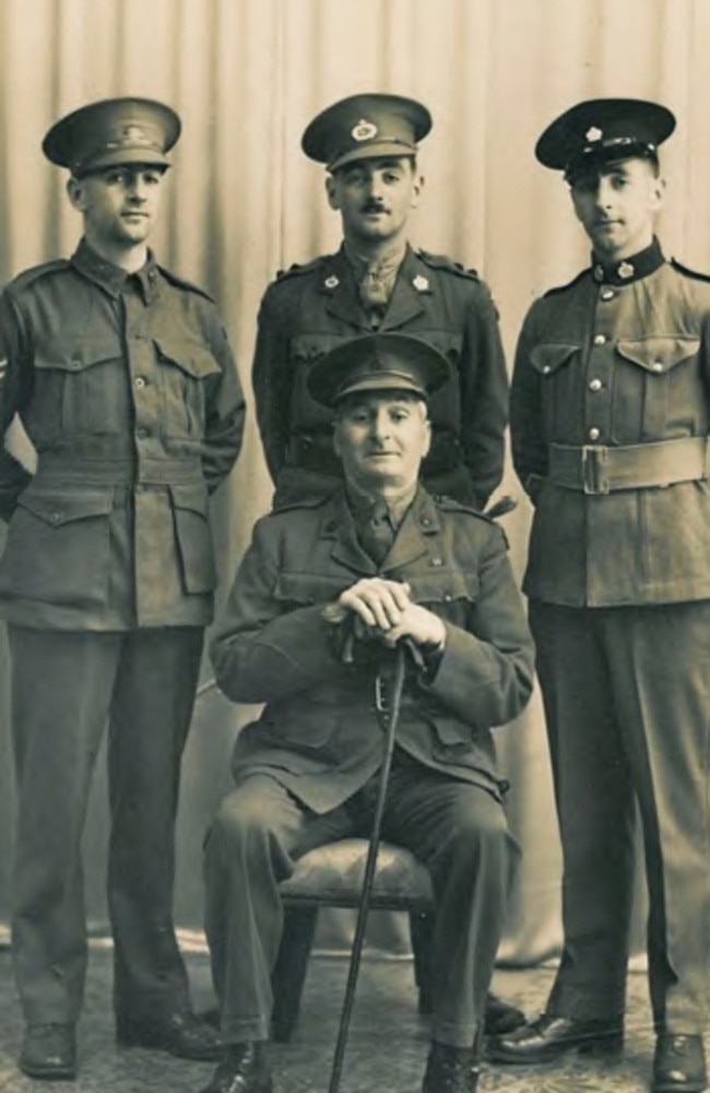 The Coens. A father and his sons, ca. Feb 1940. Back L-R: John (Sgt, Army Pay Corps), Peter (Lt, 40th Inf. Bn), Rodney (Pte, 40th Inf. Bn), Front: Henry (Lt, AAOC)