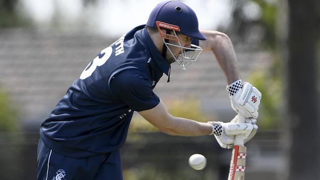 CarltonÃ&#149;s Harrison Smyth during the Premier Cricket match between Essendon and Carlton in Essendon, Saturday, Nov. 20, 2021. Picture: Andy Brownbill