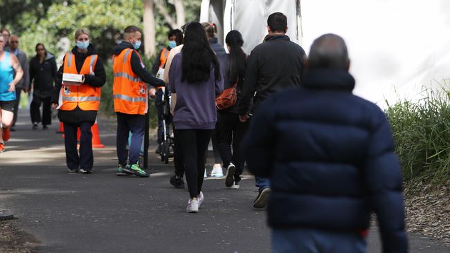 Crowds outside the vaccination centre. Picture: John Grainger