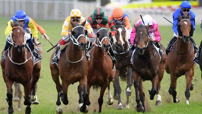 Comin' Through (yellow silks) charges to victory in the Tramway Stakes. Picture: AAP