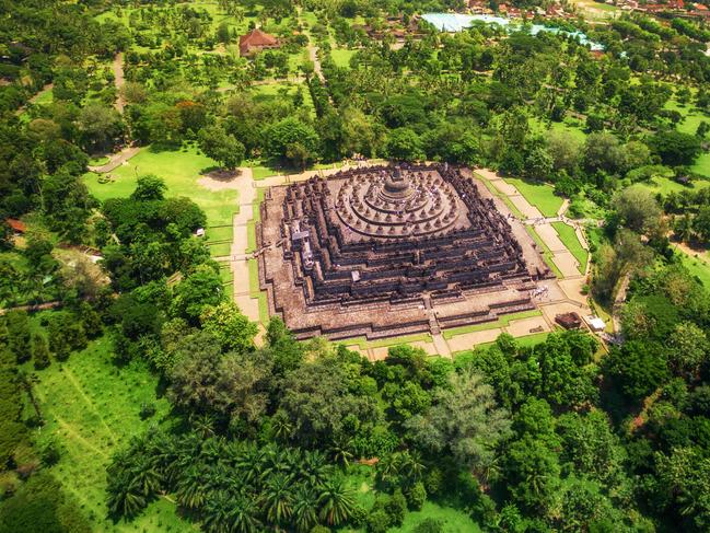 Aerial view of the mandala-shaped Borobudur temple, the world's largest Buddhist monument, in Central Java, Indonesia. Picture: iStock