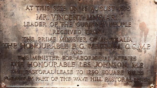 A plaque at Daguragu recognising the spot where the historical pastoral lease handover took place between Vincent Lingiari and the then Prime Minister of Australia Gough Whitlam. PICTURE: Helen Orr
