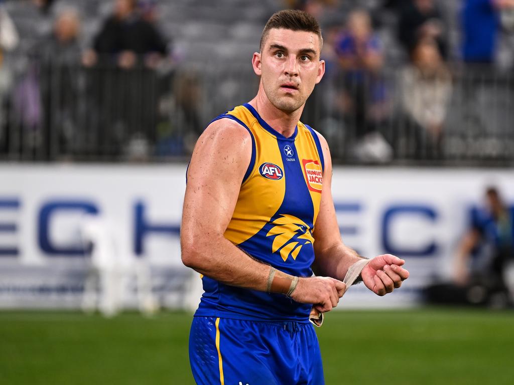 Elliot Yeo after the holding the ball call in round 13. Picture: Daniel Carson/AFL Photos