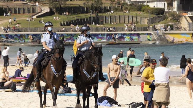 Mounted police patrol Bondi Beach on Sunday.