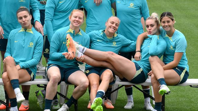 (L-R) Steph Catley, Clare Polkinghorne, Tameka Yallop, Ellie Carpenter and Kyra Cooney-Cross strike a pose at a photo opportunity prior to the match against Sweden. Picture: Getty Images