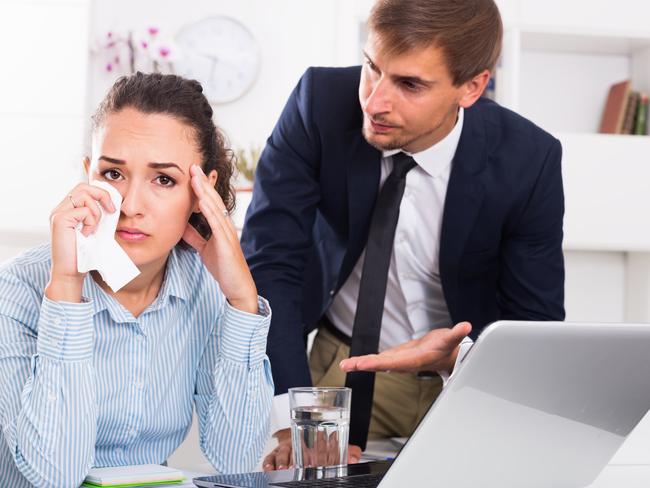 Financial abuse generic: strict boss man accusing crying woman to making mistake in firm office
