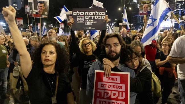 Protesters in tel Aviv on Saturday night calling for an hostages deal with Hamas and against Israeli Prime Minister Benjamin Netanyahu. Picture: Getty Images