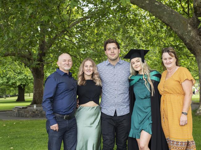 Rod French, Denika French, Stacie French, Jacob walsh and Debbie French at the UTAS Graduation at Launceston. PICTURE CHRIS KIDD