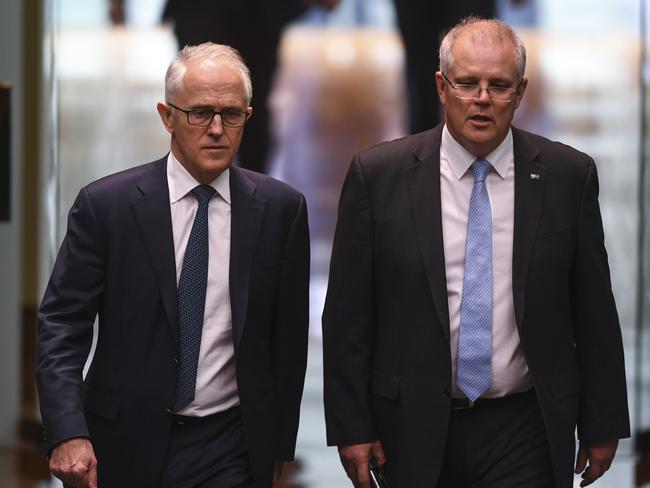 Malcolm Turnbull and Scott Morrison ahead of the leadership spill which ousted Turnbull and put ScoMo into the top job. Picture: AAP Image/Lukas Coch