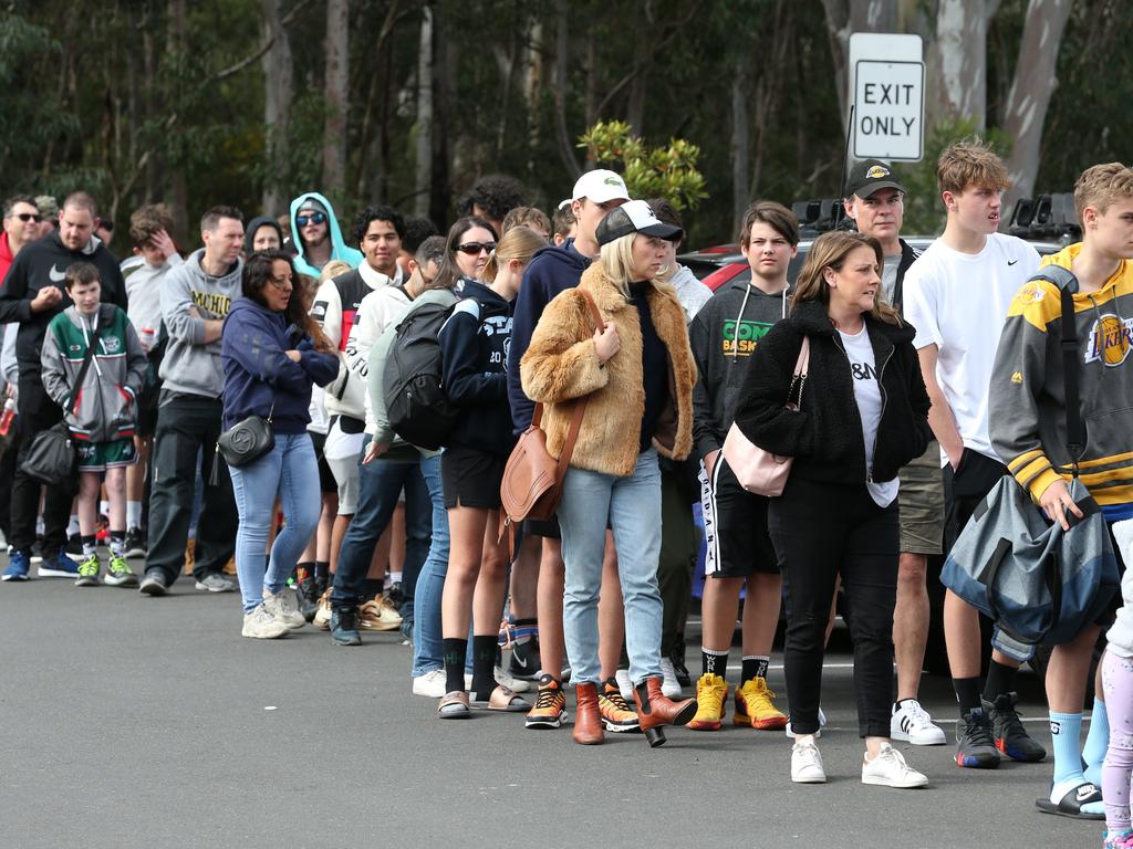 Kids and parents line up in Castle Hill for Simmons’ camp. Picture: David Swift