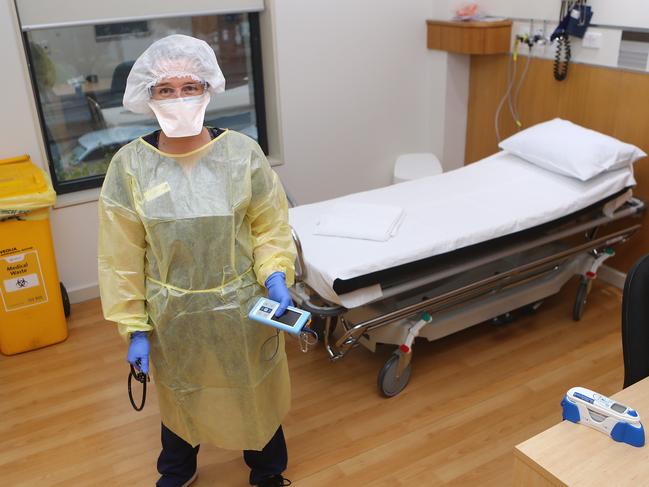 Inside the Geelong Private Hospital which has been partially converted into a COVID19 clinic. Assistant nurse unit manager Bridget (who with held her surname) inside one of the specially converted rooms. Picture: Alison Wynd **  DO NOT USE WITHOUT CONTACTING GEELONG PIC DESK